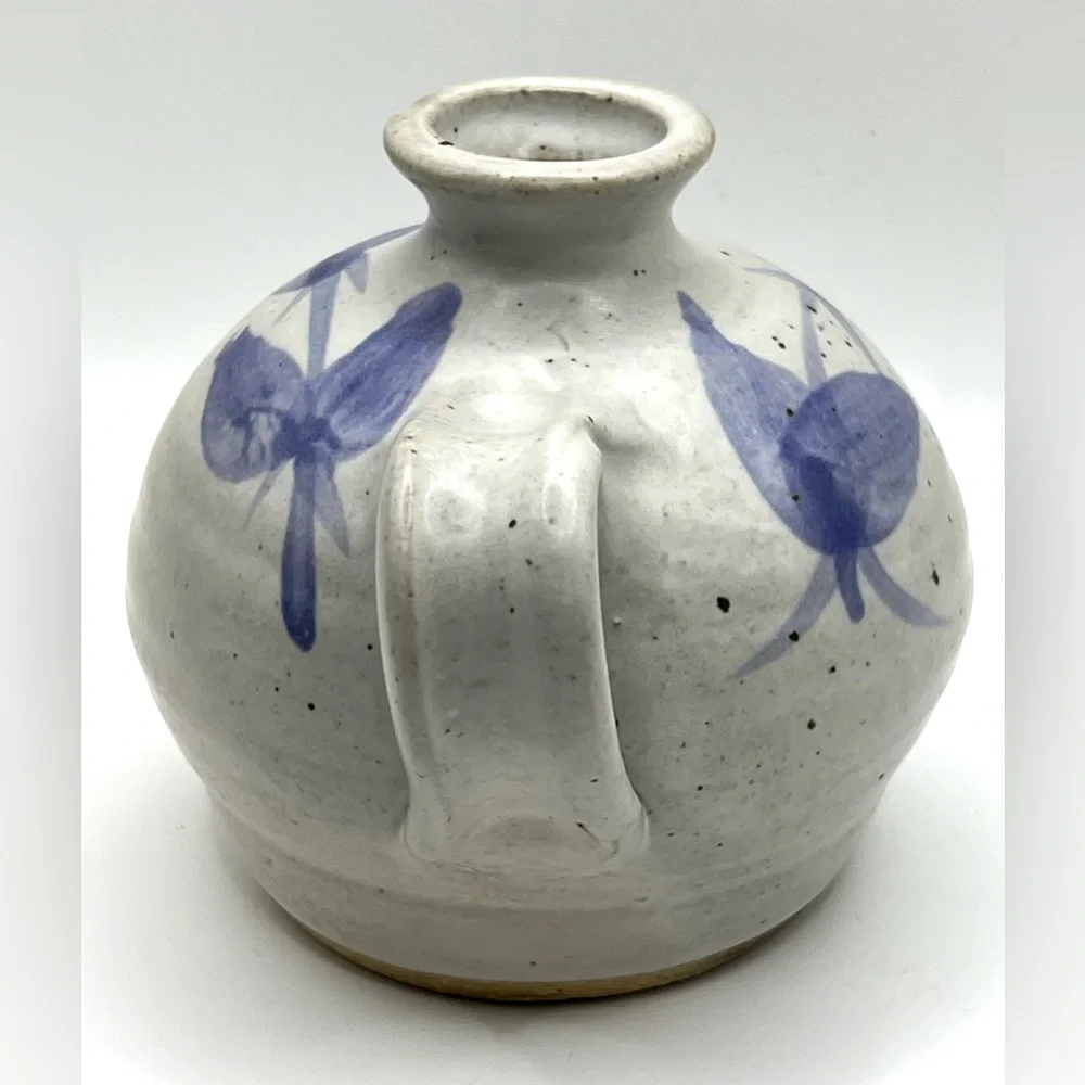 Handmade Dukeman Studio Art Pottery Ceramic Grey Blue Leaves Bud Vase w/Handle
